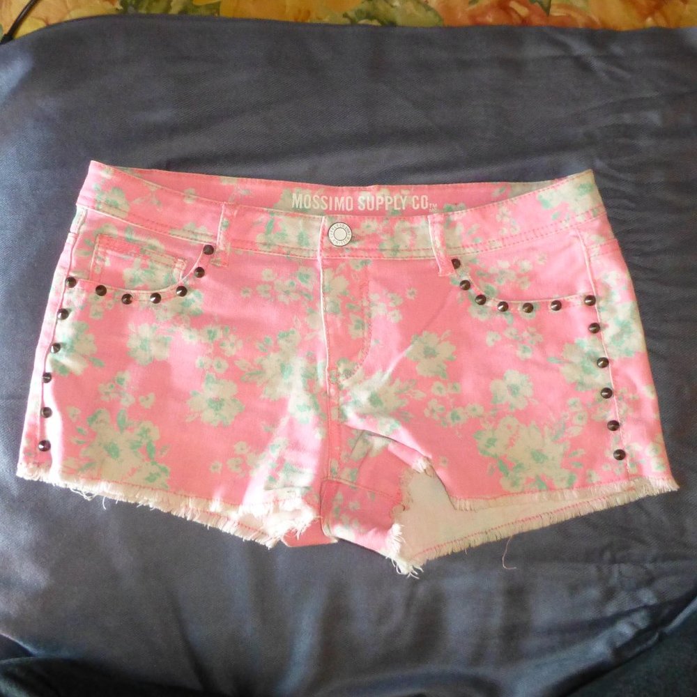 Mossimo Supply Co. Bright Pink Floral Short Shorts, Cut-Off, Low-Rise, 11, M